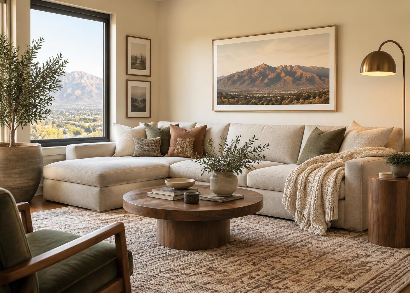 Styled Airbnb living room with mountain views designed in Salt Lake City