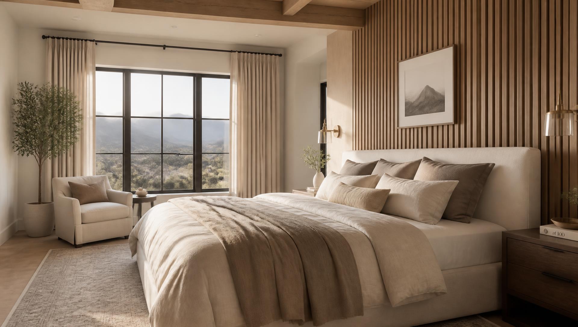 Warm contemporary primary bedroom with mountain views in Utah