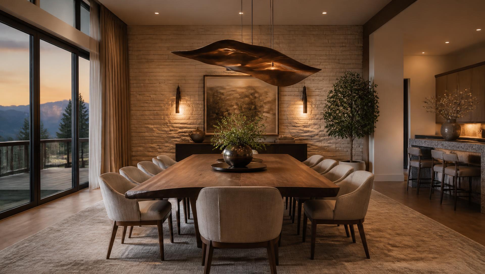 Elegant dining room in a luxury Utah home at dusk