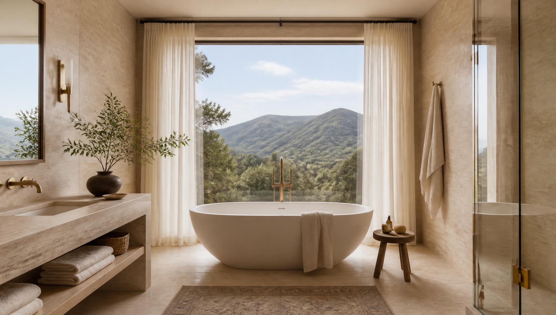 Luxury stone bathroom with freestanding tub and mountain view