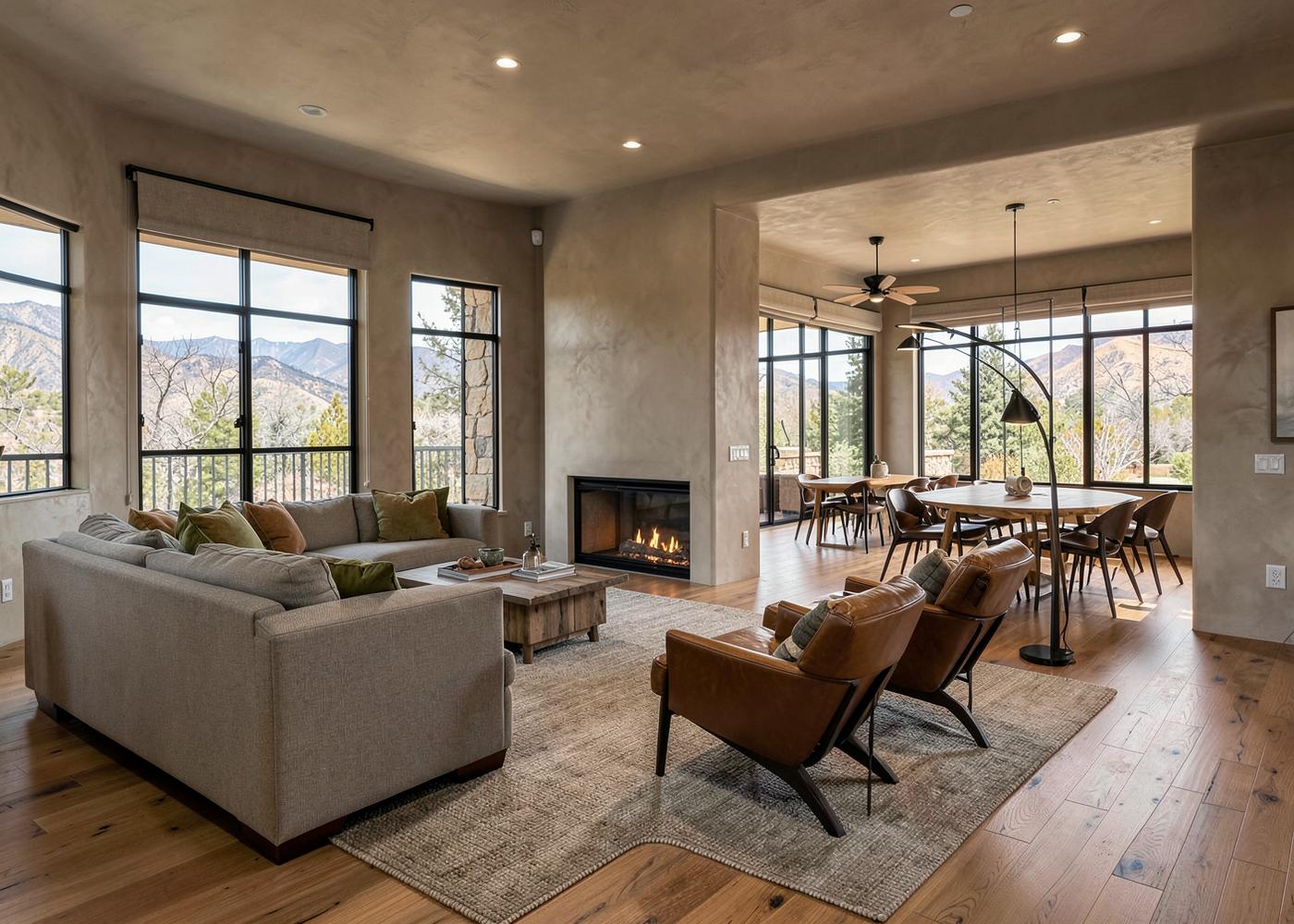 Zoned open-plan great room with layered rugs and seating
