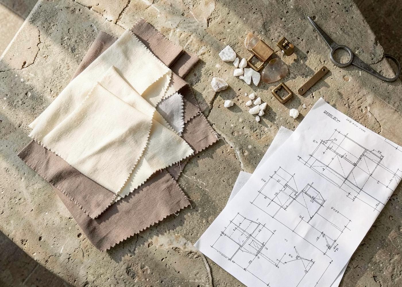 Interior design material palette with fabric, stone and wood samples