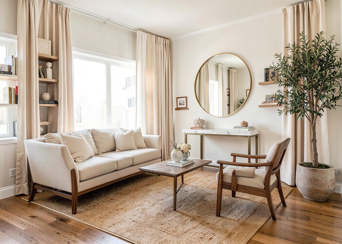 Elegant residential living room designed in Salt Lake City with walnut accents and soft neutral textiles